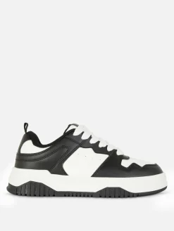 New Primark Baskets à Lacets Avec Empiècements Contrastés Noir/Blanc