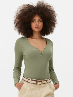 Best Primark Body Façon T-shirt Boutonné à Manches Longues Kaki