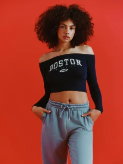 Discount Primark Haut Court à Encolure Bateau Et Manches Longues Bleu marine