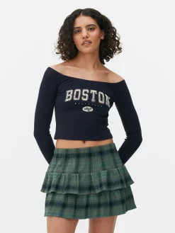 Discount Primark Haut Court à Encolure Bateau Et Manches Longues Bleu marine