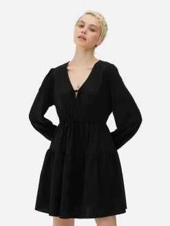 Best Primark Mini Robe à Smocks Avec Col En V Et Liens à Nouer Noir