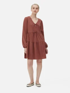 Best Primark Mini Robe à Smocks Avec Col En V Et Liens à Nouer Rose poudré