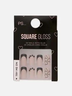 Clearance Primark PS... Faux Ongles Carrés Brillants Avec Cœurs Noir