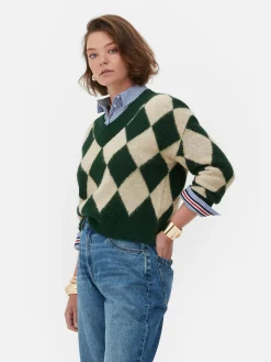 New Primark Pull En Maille à Col En V Et Motif Losanges Rita Ora Vert foncé