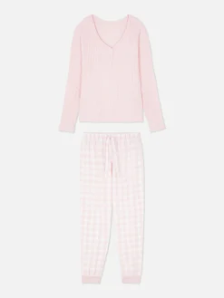 Clearance Primark Pyjama T-shirt Boutonné Et Pantalon à Motifs Rose clair