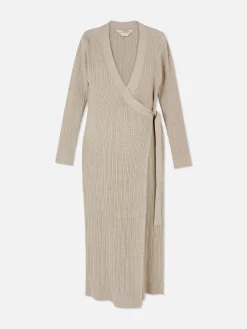 New Primark Robe Portefeuille De Maternité Mi-longue En Maille Beige
