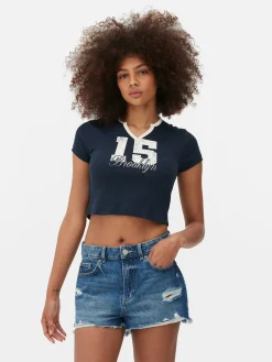 Discount Primark T-shirt Graphique à Col Cranté Bleu marine