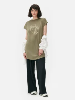 Clearance Primark T-shirt Long à Col Ras-du-cou Kaki